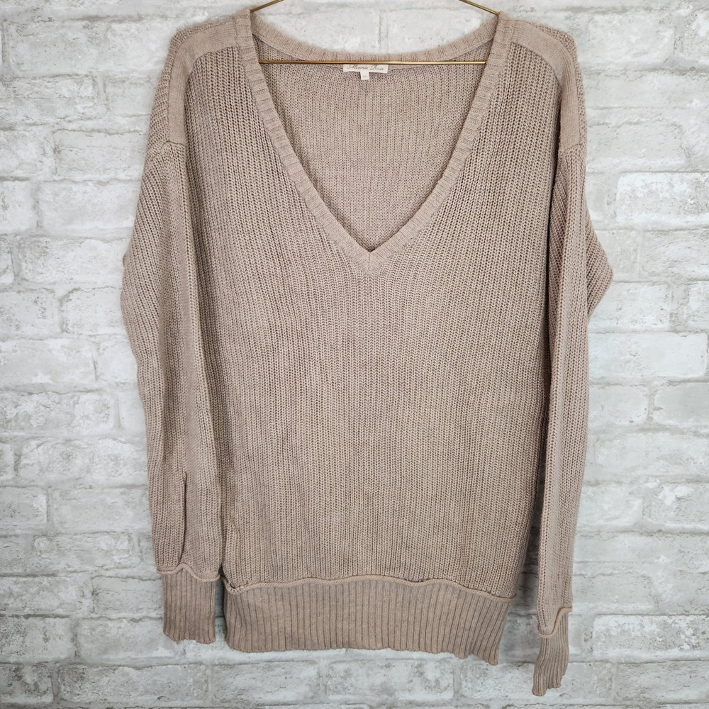 Minnie Rose Sweater V-Neck Cotton Knit Taupe Quiet Luxury Coastal Grandmother XS